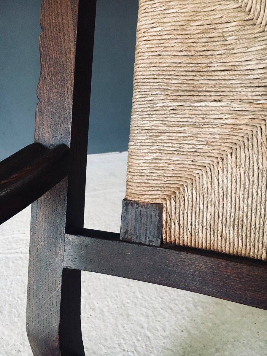 Low Arts & Crafts Oak & Rush Armchair, Belgium 1920s
