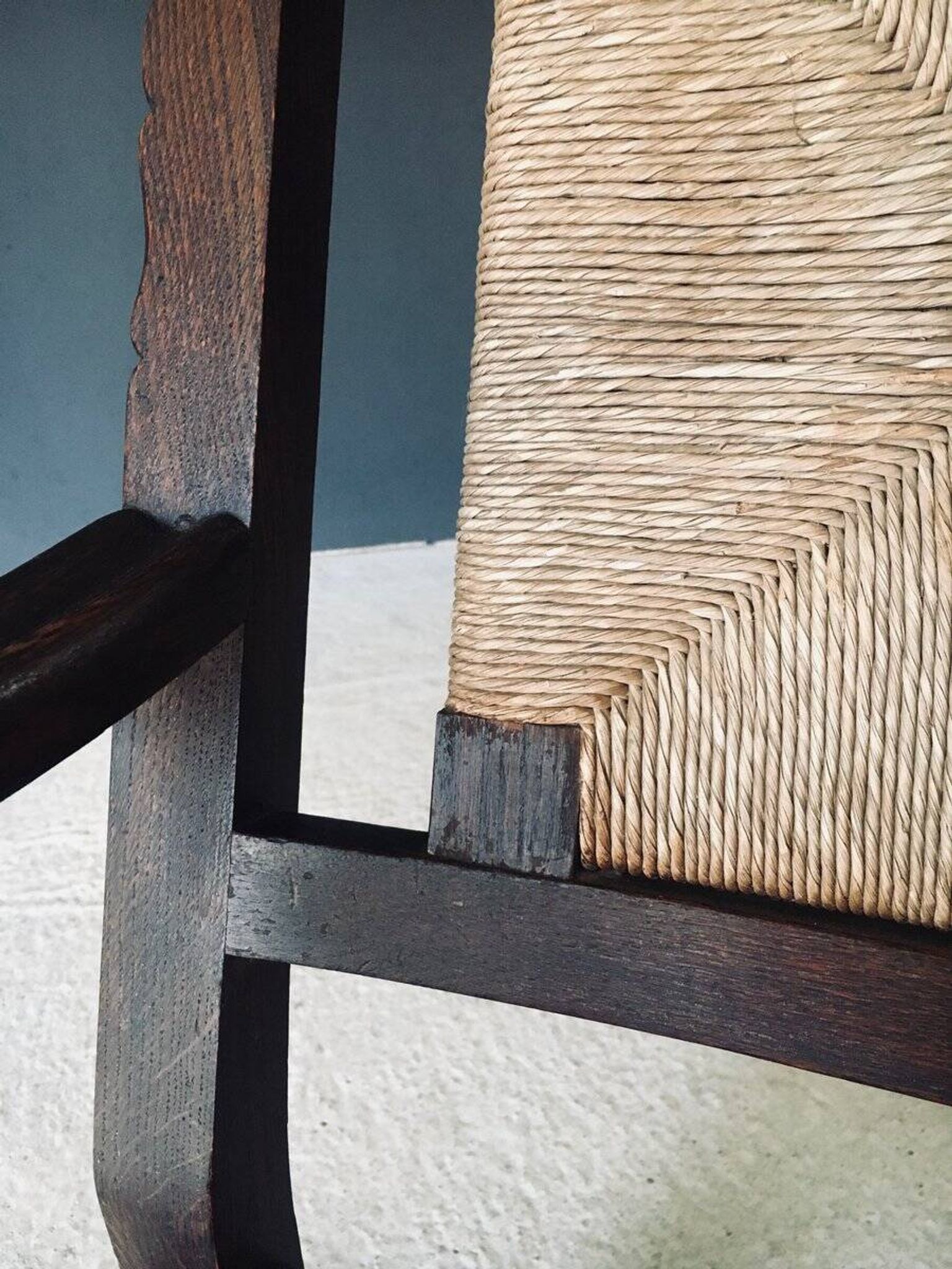 Low Arts & Crafts Oak & Rush Armchair, Belgium 1920s