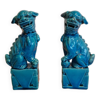 Paire de chiens fu en porcelaine - bleu