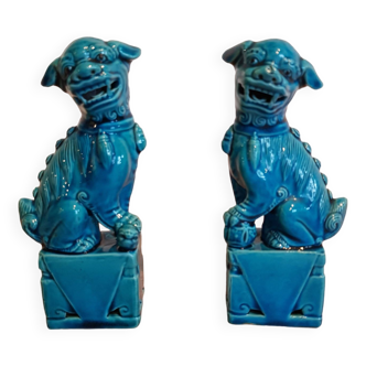 Pair of porcelain fu dogs - blue