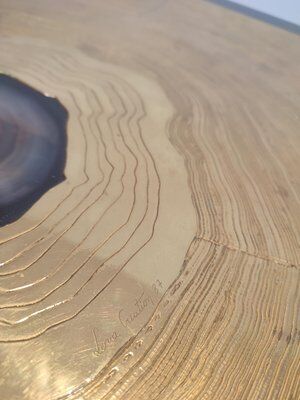Brass coffee table engraved with blue stone by Agathe, 1987