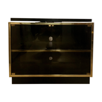 70s and 80s Roche Bobois TV furniture - black laqué, smoked glass and brass