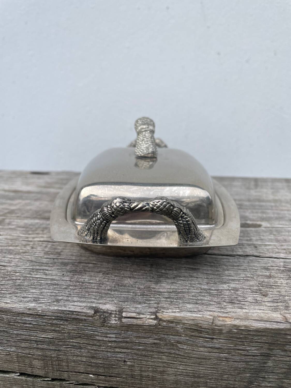 Silver metal pompom butter dish