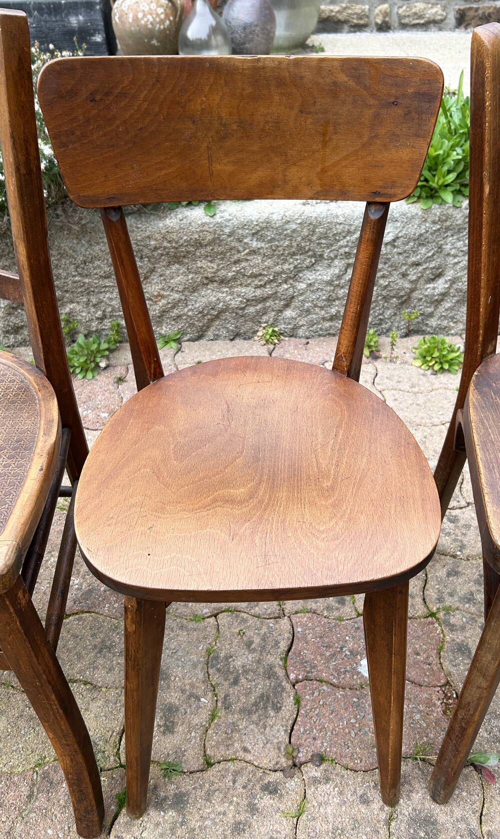 Set of 8 vintage bistro chairs, 50s, 60s, dark oak.
