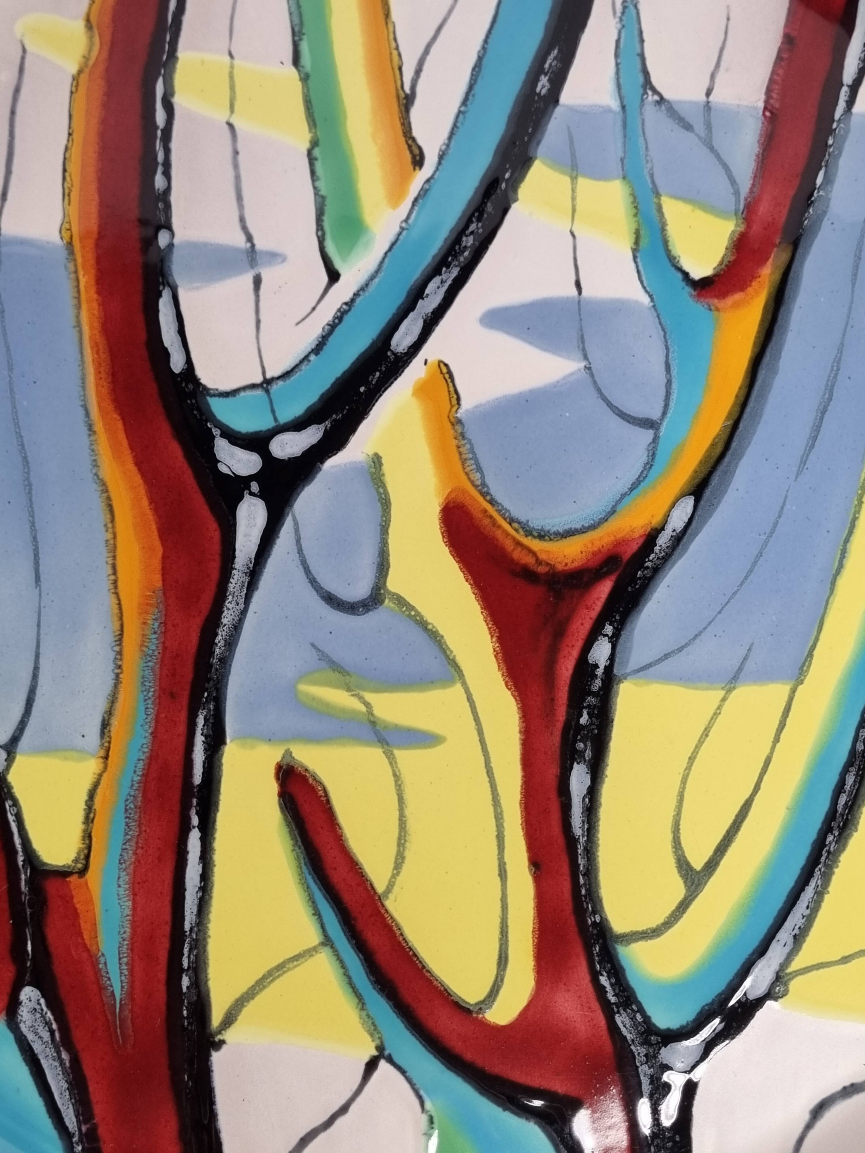 Longwy pie dish 33 cm, "Provence" decor, polychrome abstract, black enamel, numbered, 1960s