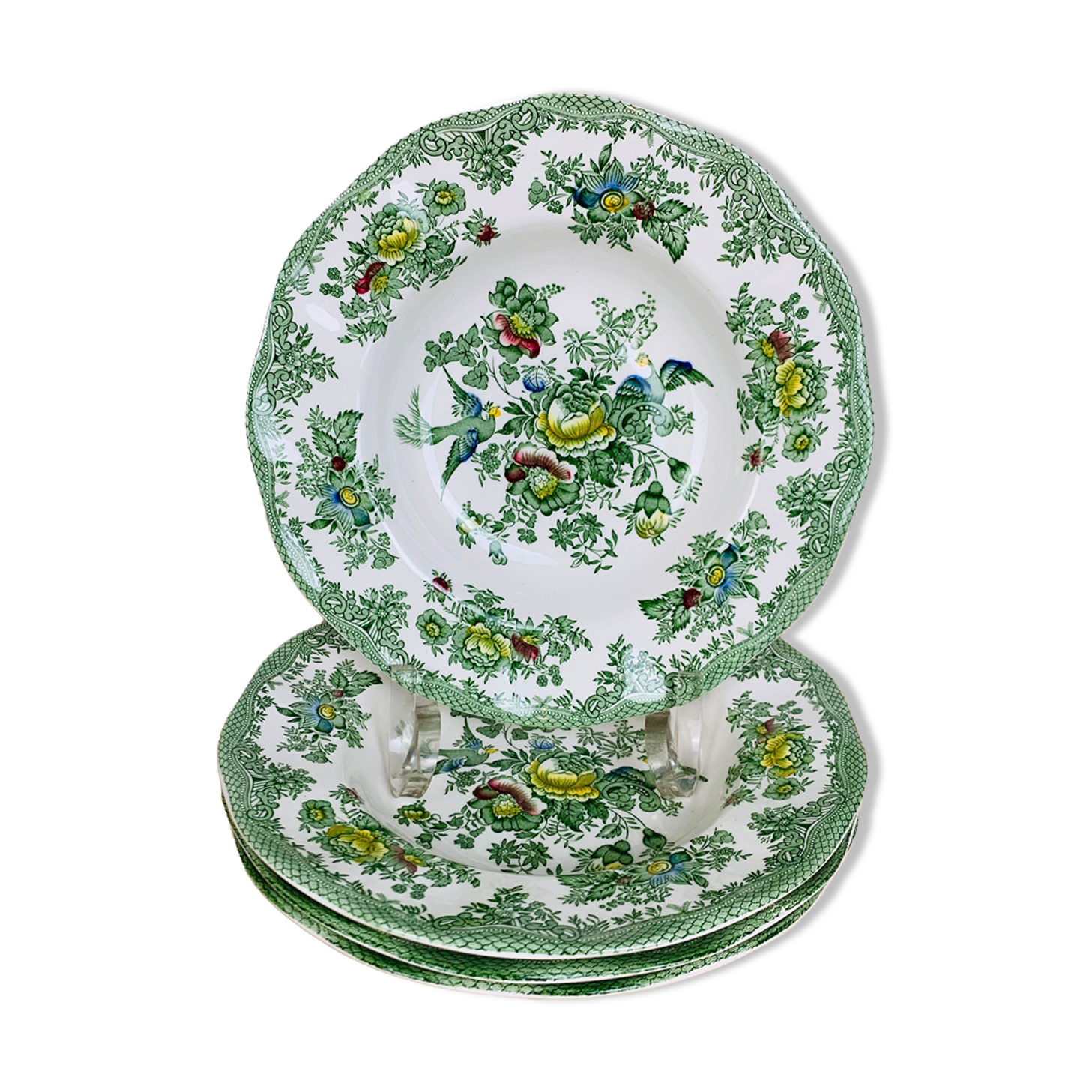 4 assiettes creuses Wedgwood Oriental Pheasants vert