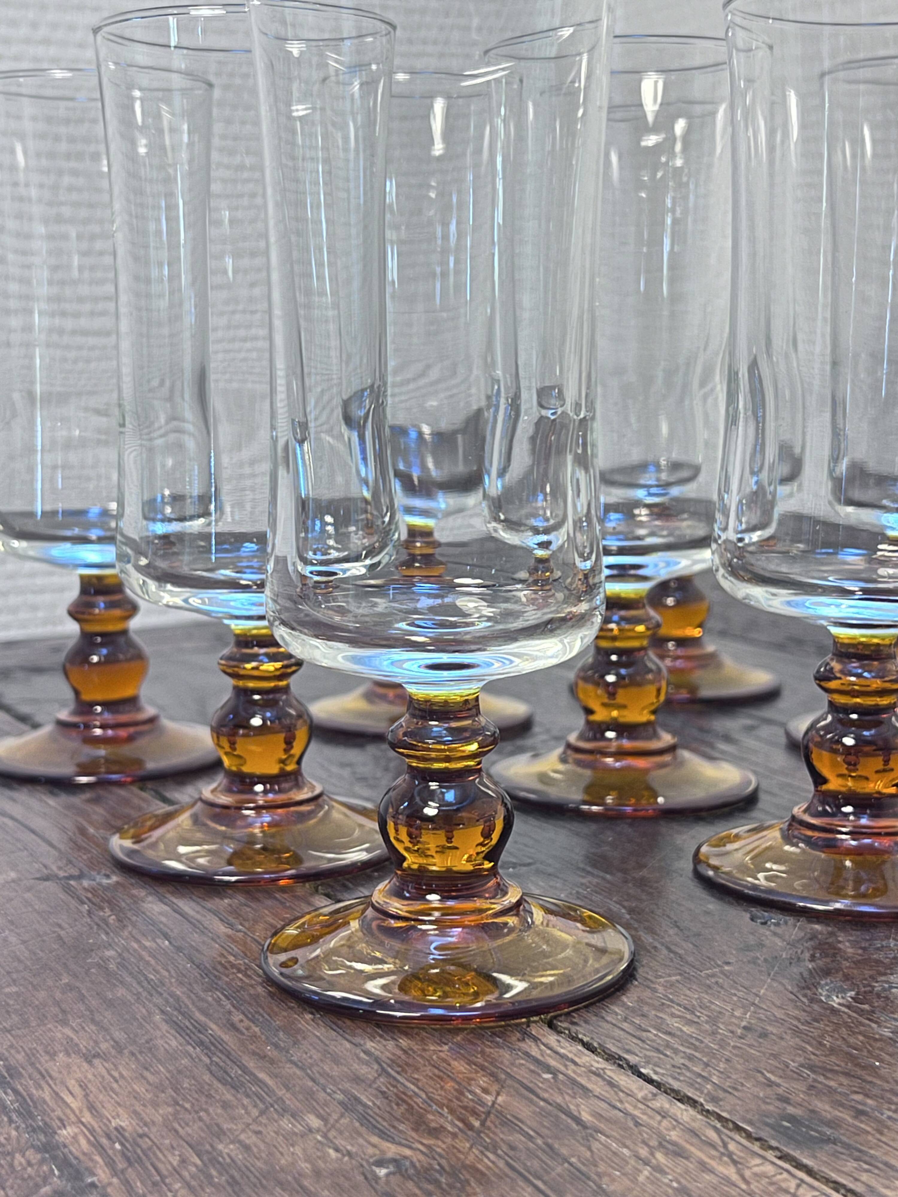 Set of 9 Vintage Amber Stemmed Glasses – 1970s