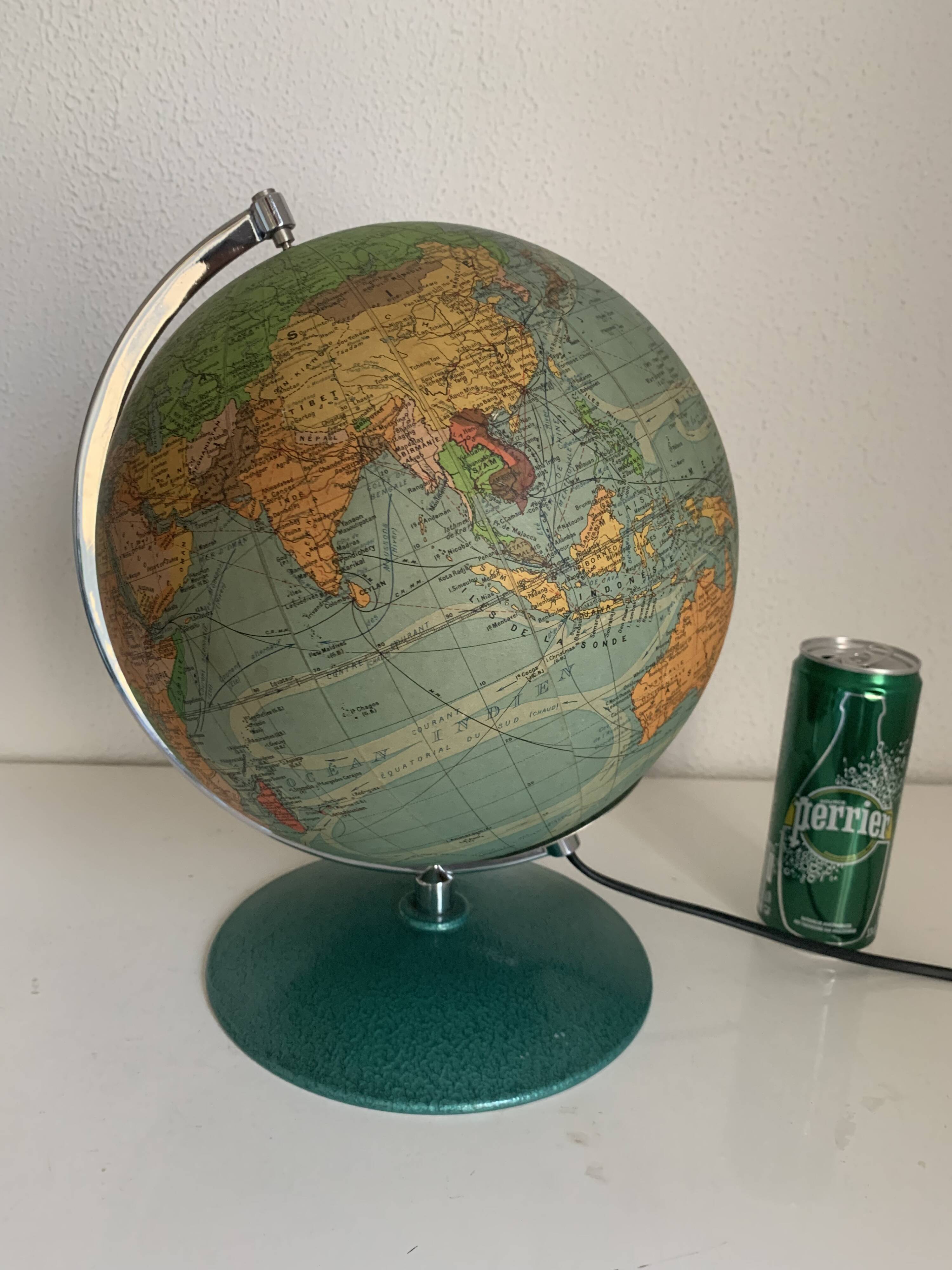 Vintage 1960s Perrina glass globe, green lacquered, world map - 33 cm