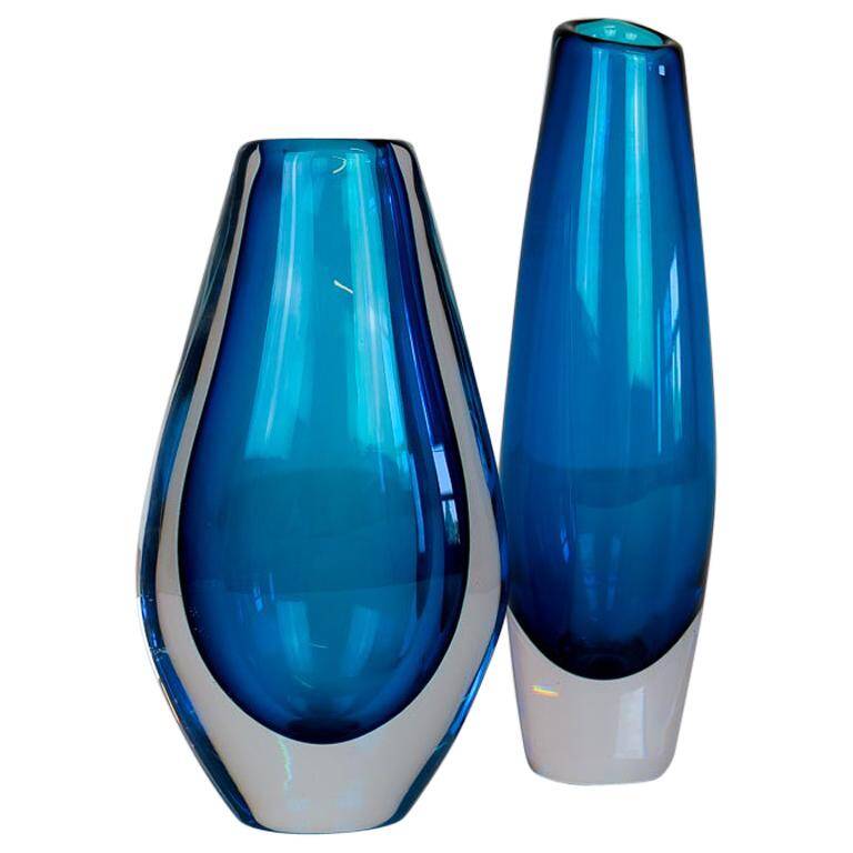 Pair of heavy crystal vases by Orrefors Mid-Century Modern by Sven Palmqvist, light blue.