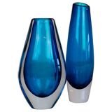 Pair of heavy crystal vases by Orrefors Mid-Century Modern by Sven Palmqvist, light blue.