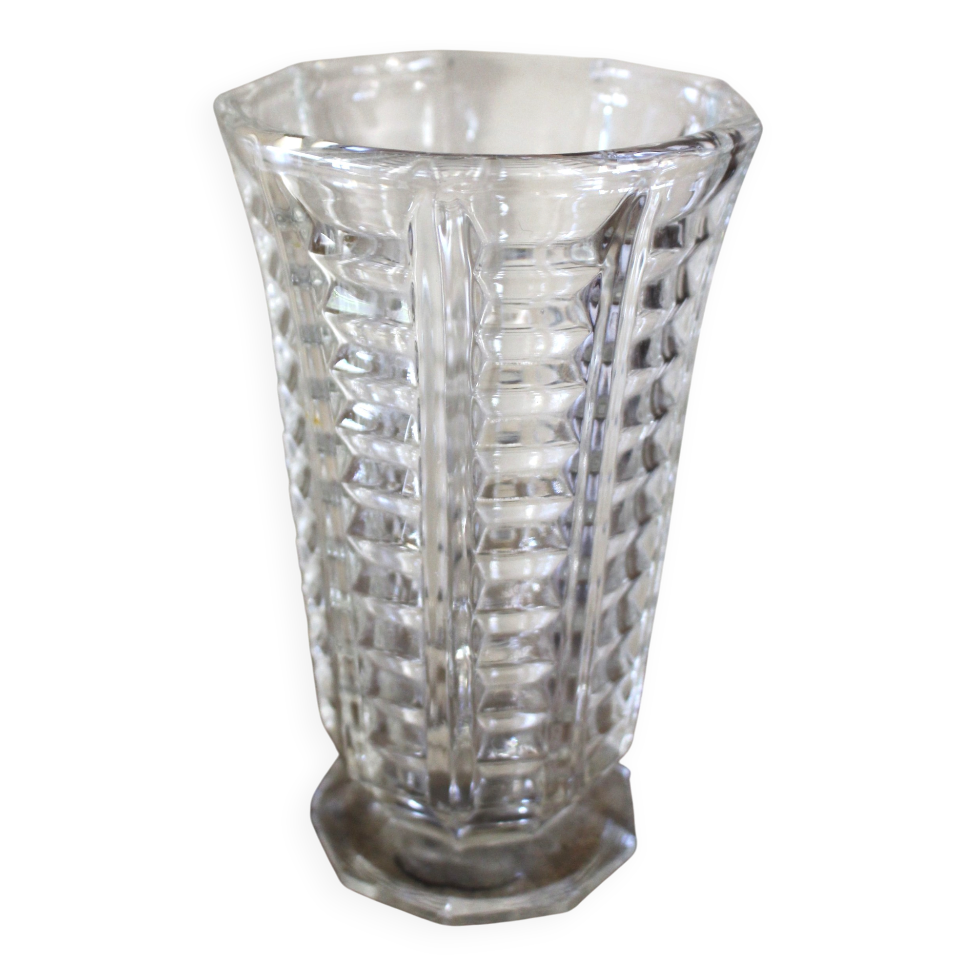Vintage transparent cut glass pedestal vase