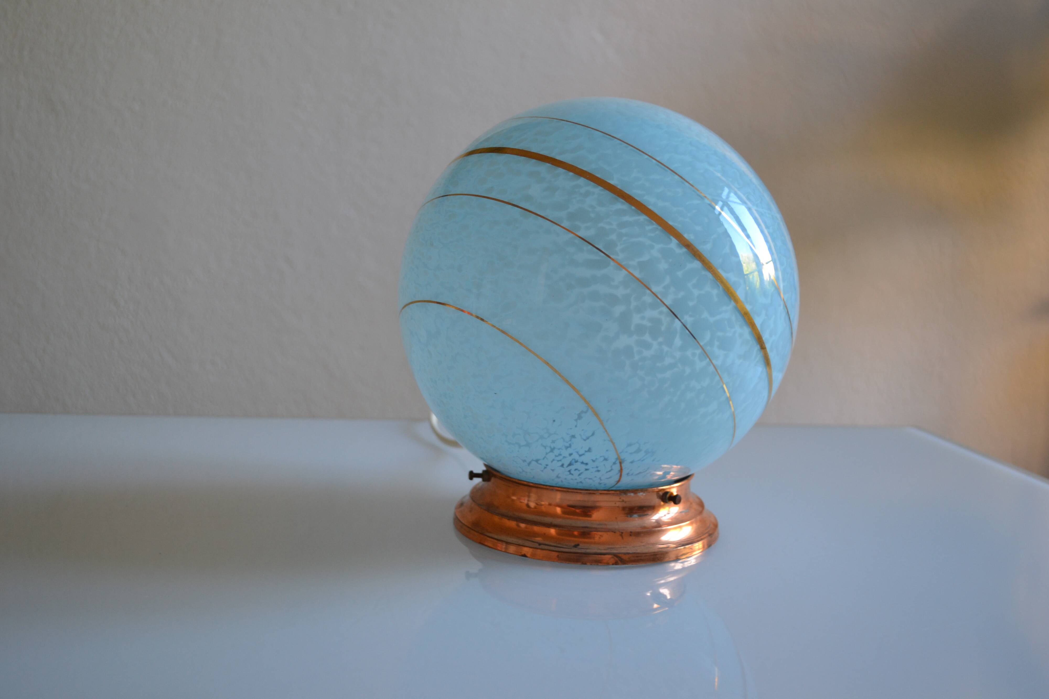 Art Deco table lamp with blue speckled opaline glass globe