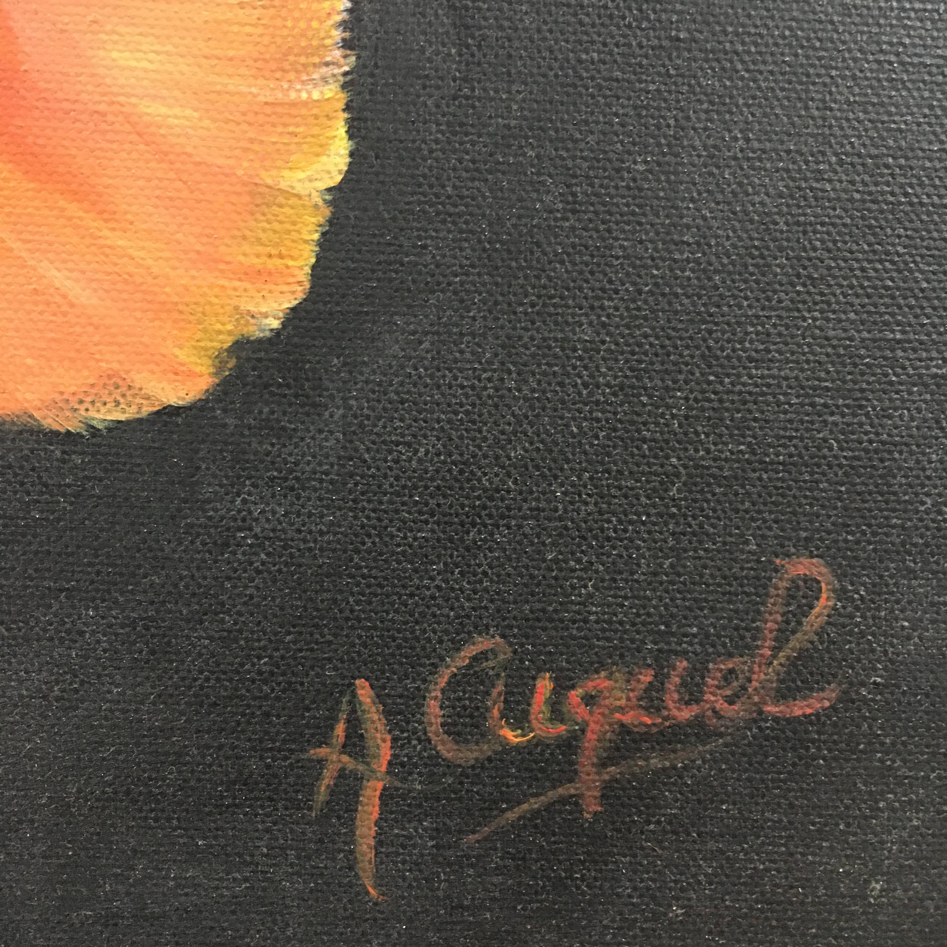 Pink peony painting on black background