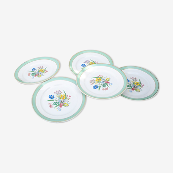 5 plates Badonviller flower pattern green and golden headband