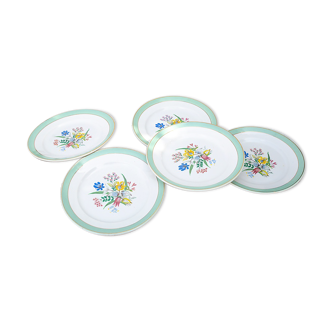 5 assiettes Badonviller motif de fleurs bandeau vert et doré