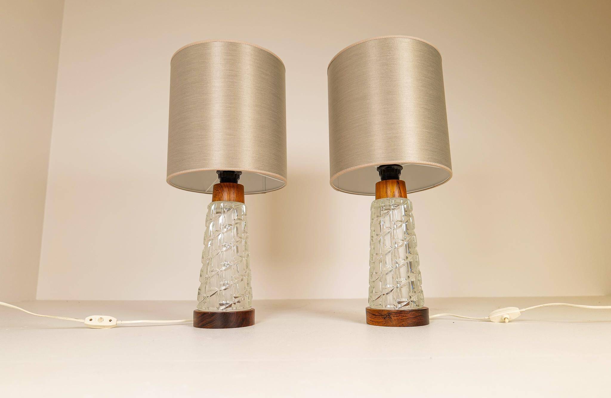Midcentury table lamps Orrefors teak and glass Sweden