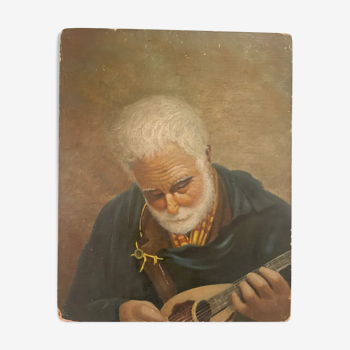 Peinture à l’huile italienne sur panneau des années 1910. Portrait de vieil homme. Joueur de mandoline.