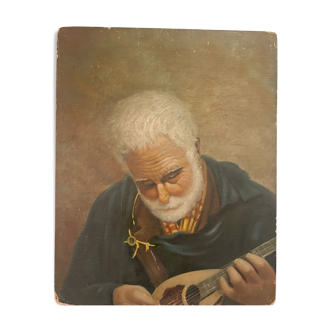 Peinture à l’huile italienne sur panneau des années 1910. Portrait de vieil homme. Joueur de mandoline.