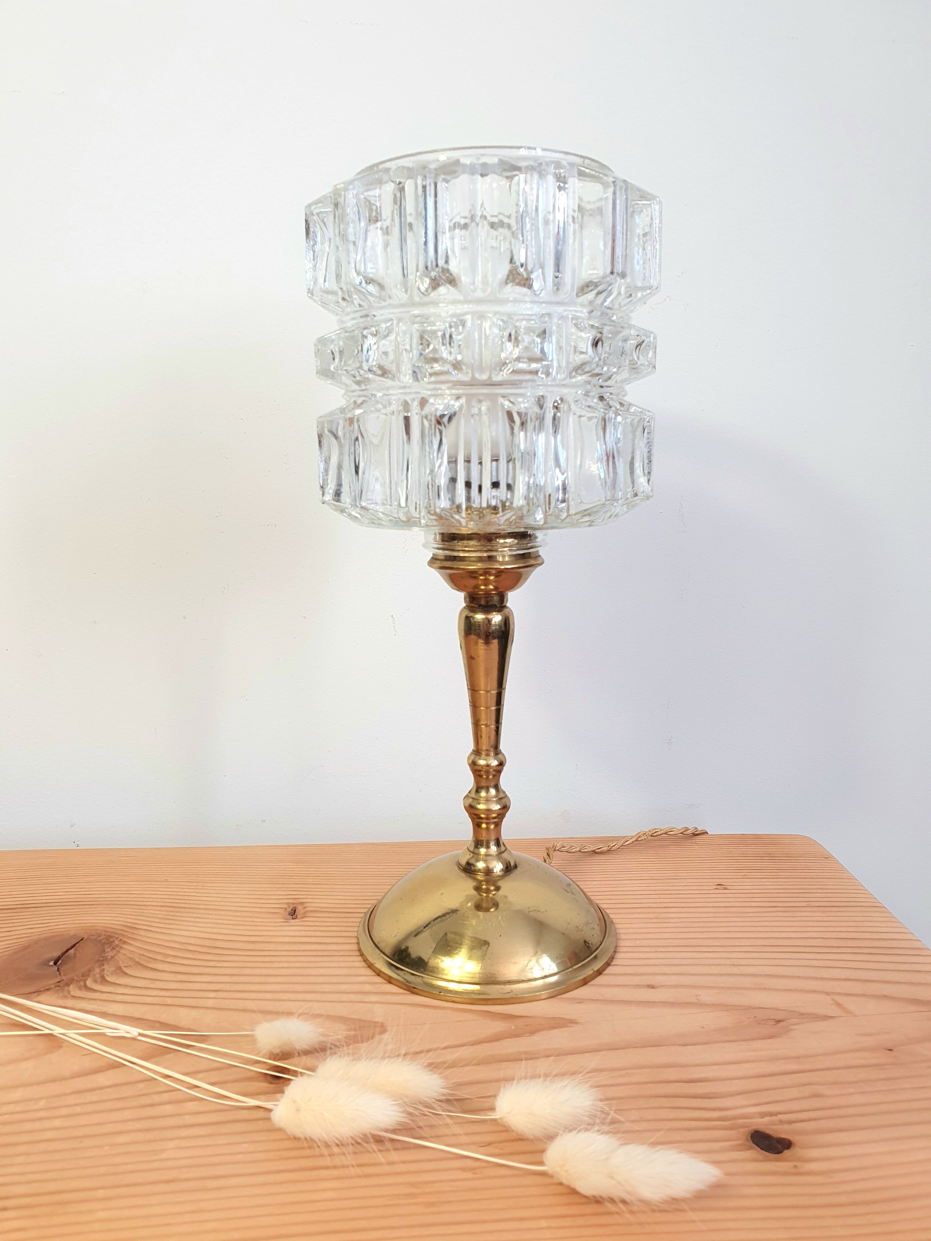 Vintage table lamp, brass foot and glass globe