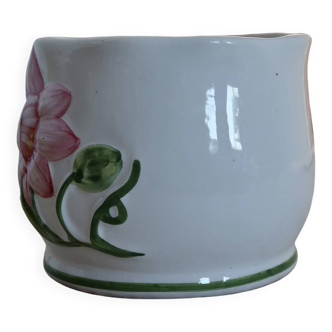 Small vintage earthenware cache pot with pink flower slip pattern