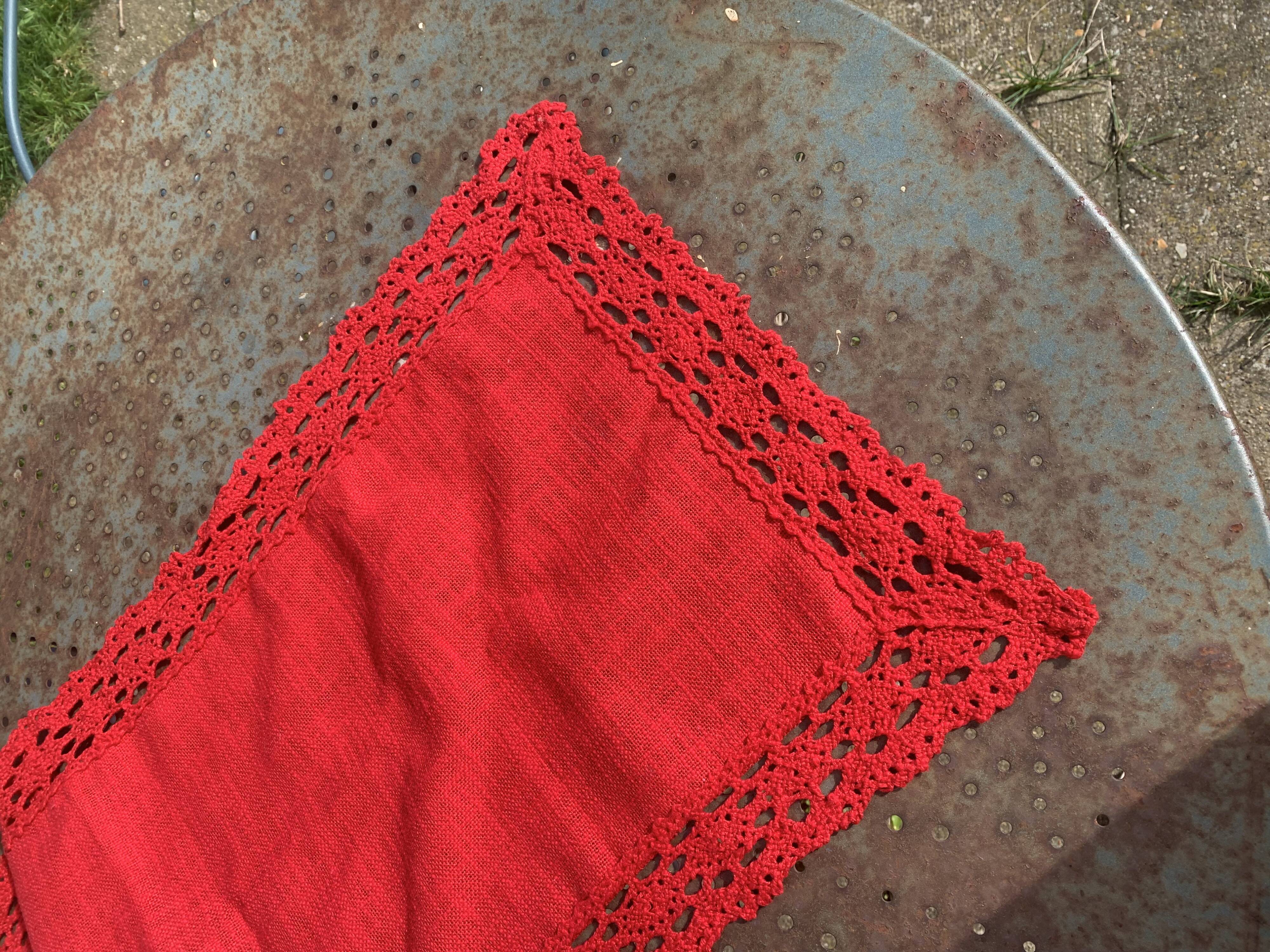 Linen and cotton table runner with vintage red crochet border
