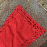 Linen and cotton table runner with vintage red crochet border