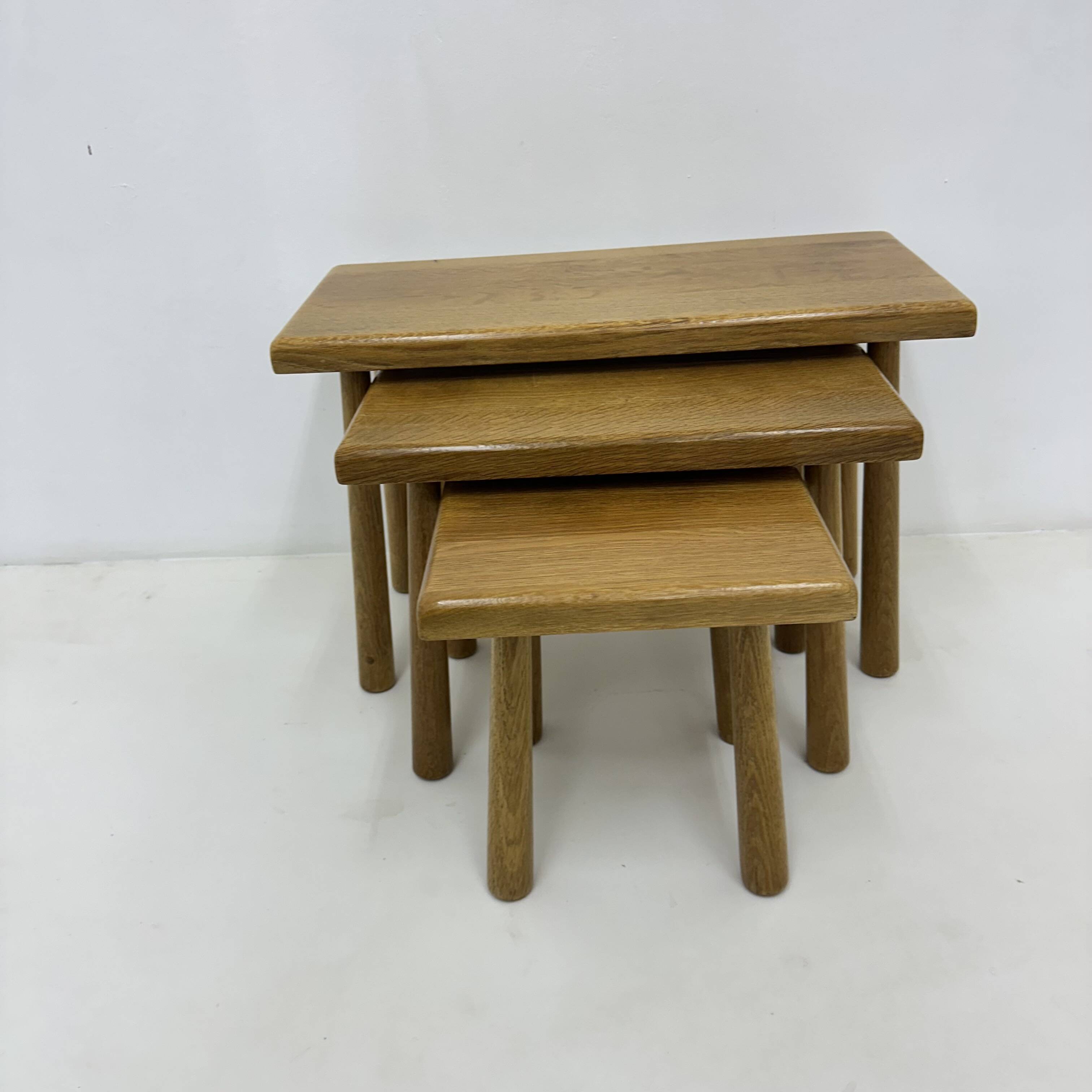 Set of nesting tables solid oak wood brutalist , 1970s