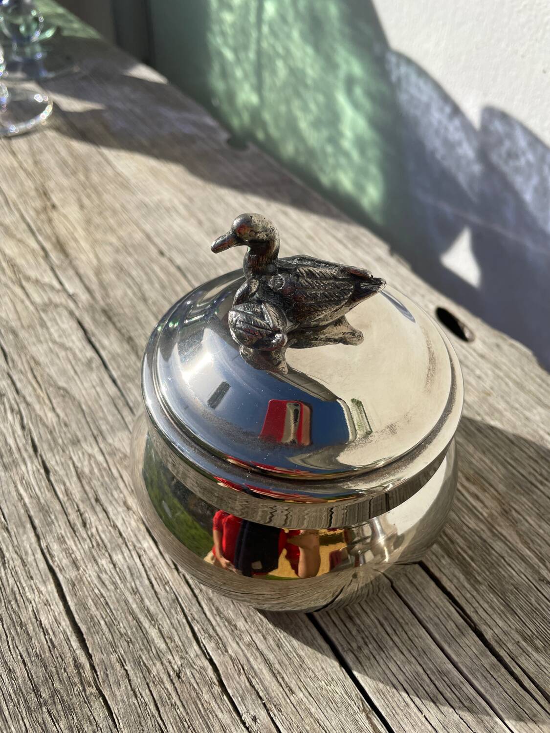 Silver-plated metal box or sugar bowl with ducks