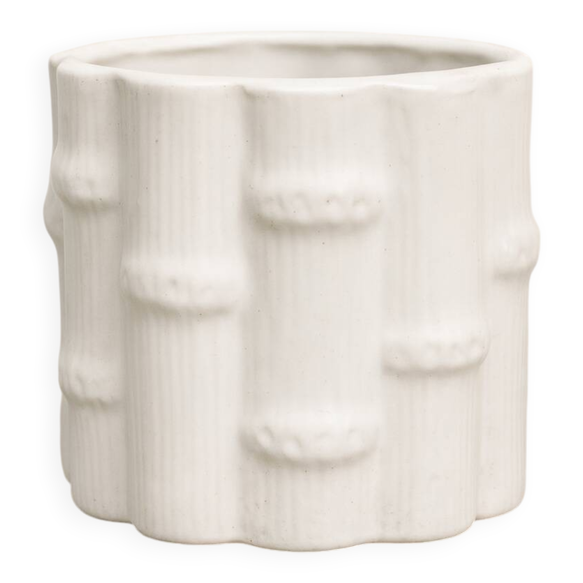 White earthenware flowerpot with bamboo decoration, signed and numbered