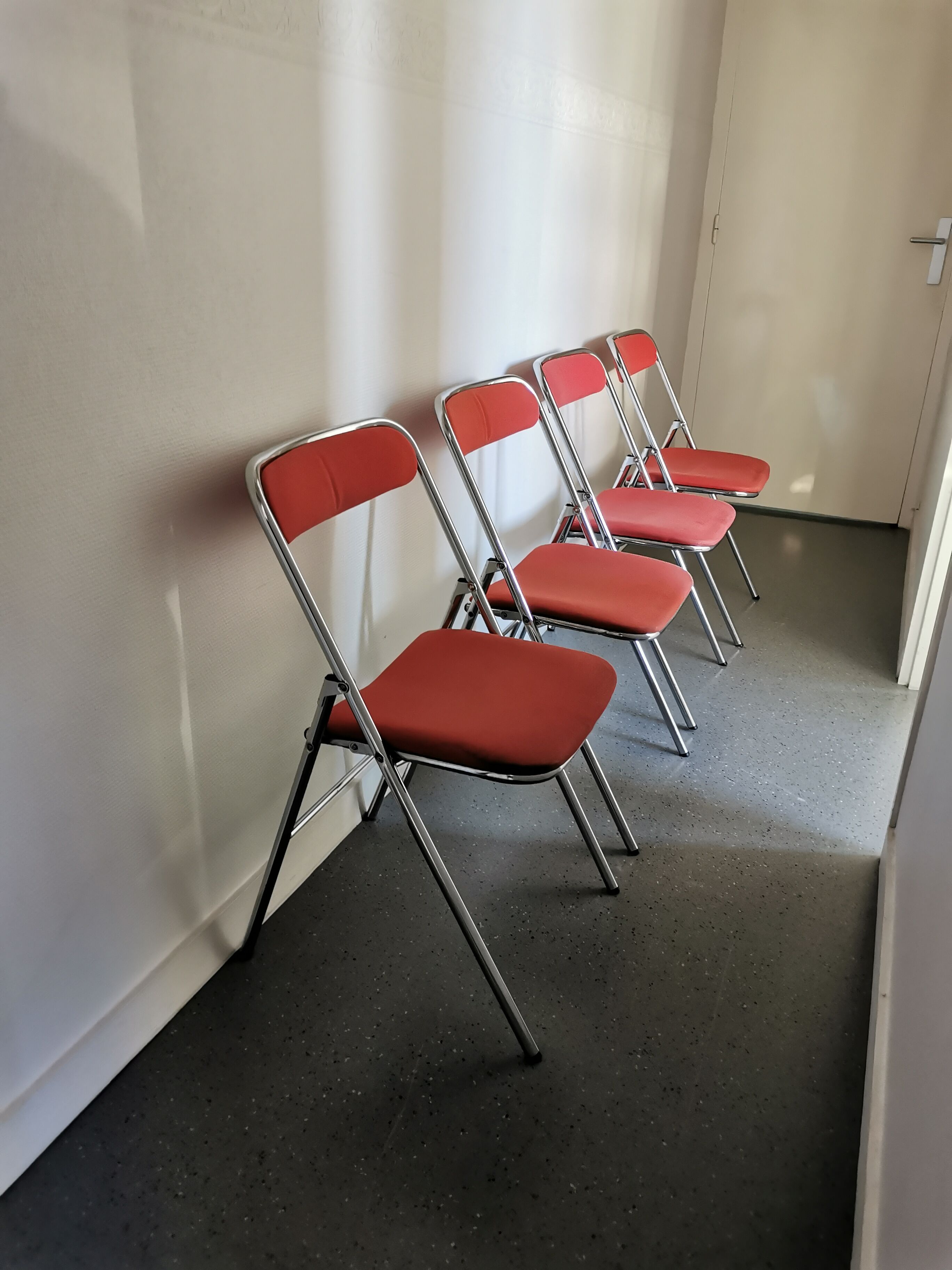 4 red and chrome folding chairs, Plichaise by Souvignet, France, 1970
