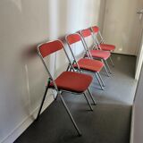 4 red and chrome folding chairs, Plichaise by Souvignet, France, 1970