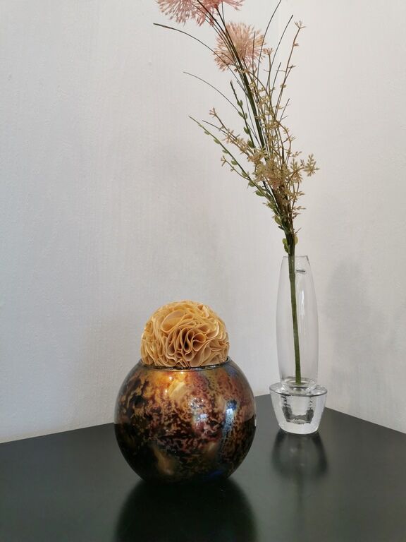 Glass ball vase signed Laque line