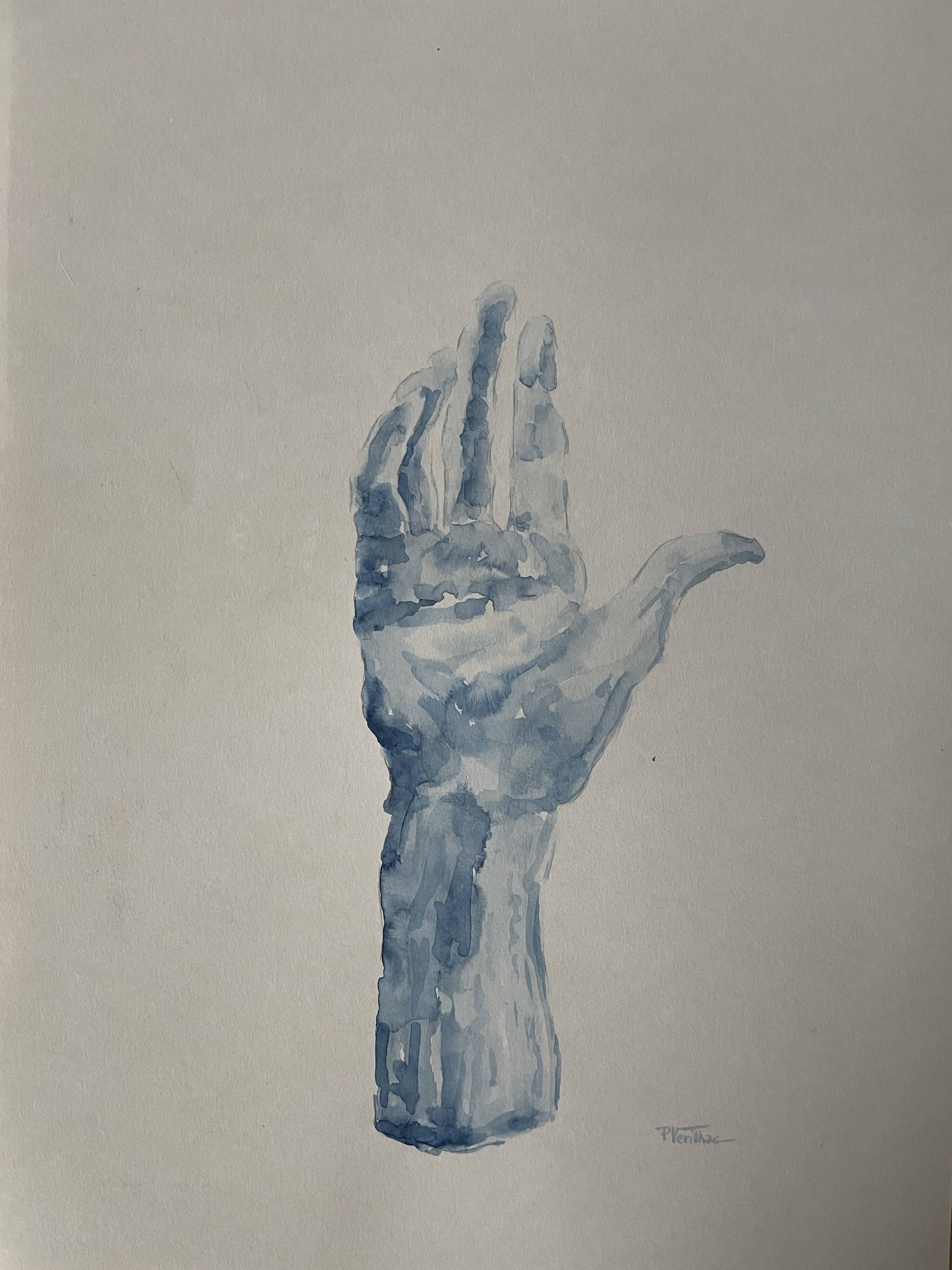 Painting signed blue monochrome watercolor study of the statue of Rodin “the hand reveals the man”