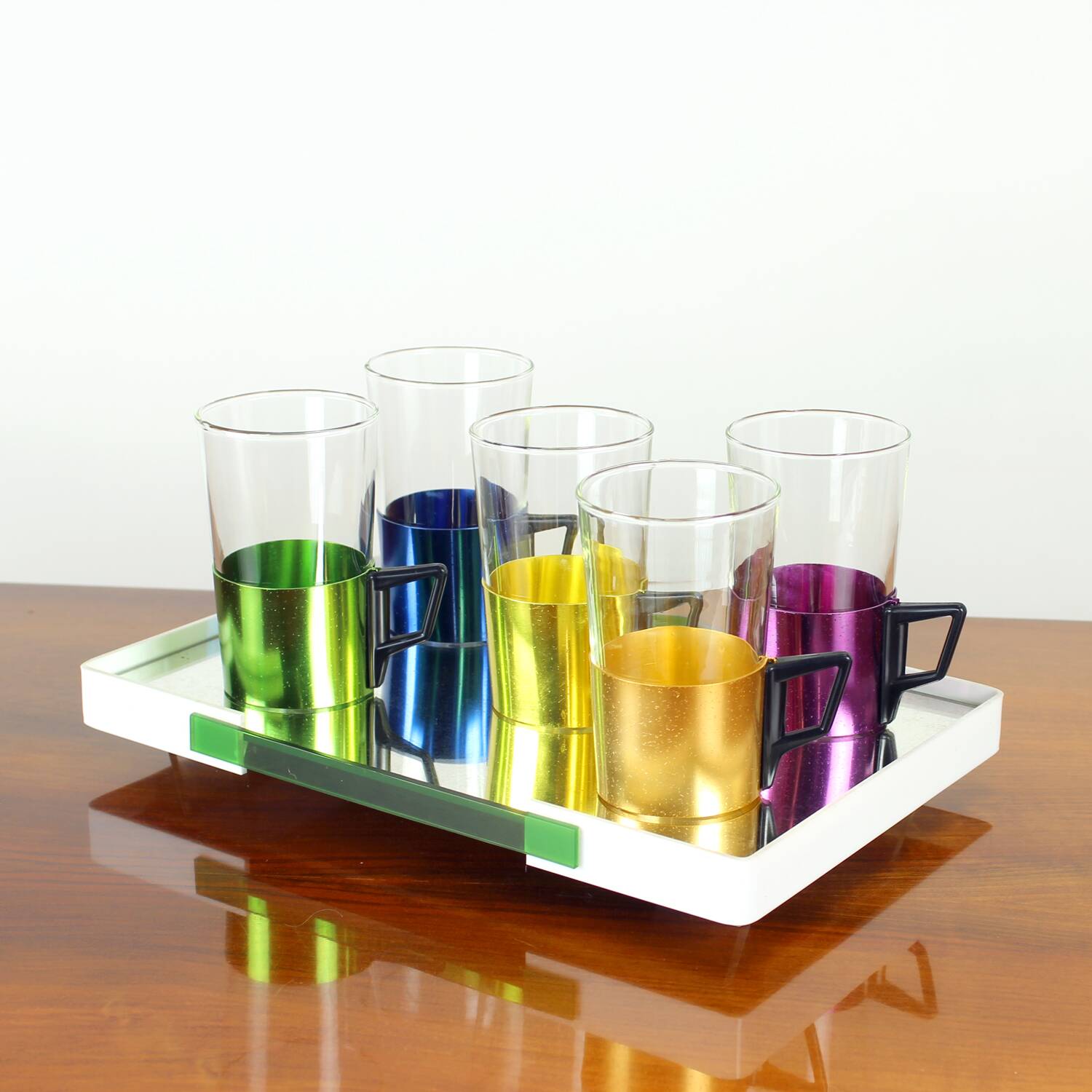 Set Of Colorful Drinking Glasses With A Tray, Czechoslovakia 1960s