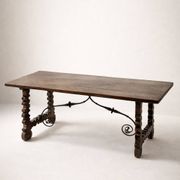 Table espagnole en noyer et fer forgé, piétement en lyre