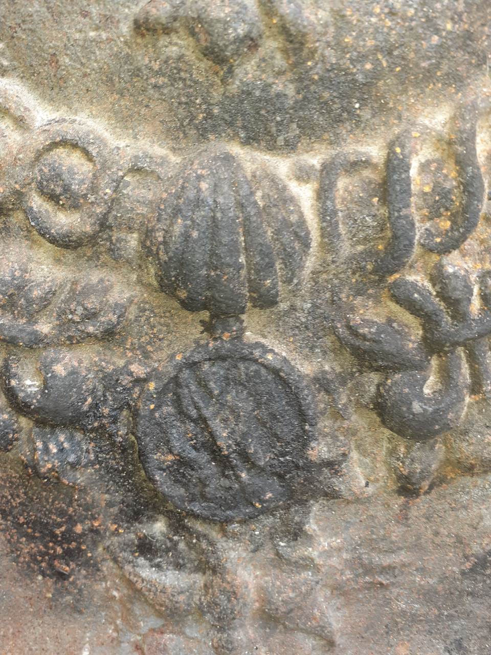 Old cast iron fireplace plate with lily flowers