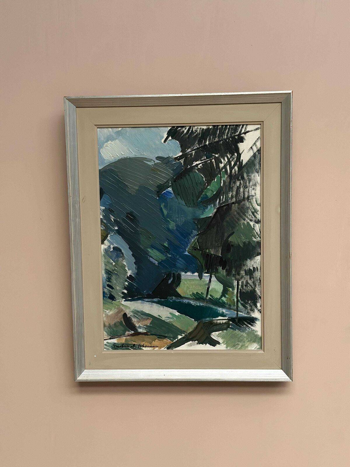 Original Mid Century Swedish Oil On Canvas – “Abstract Forest” By Gustav‑Adolf Johansson – Vintage & Framed – 62 × 48 Cm (24.4" × 18.9")