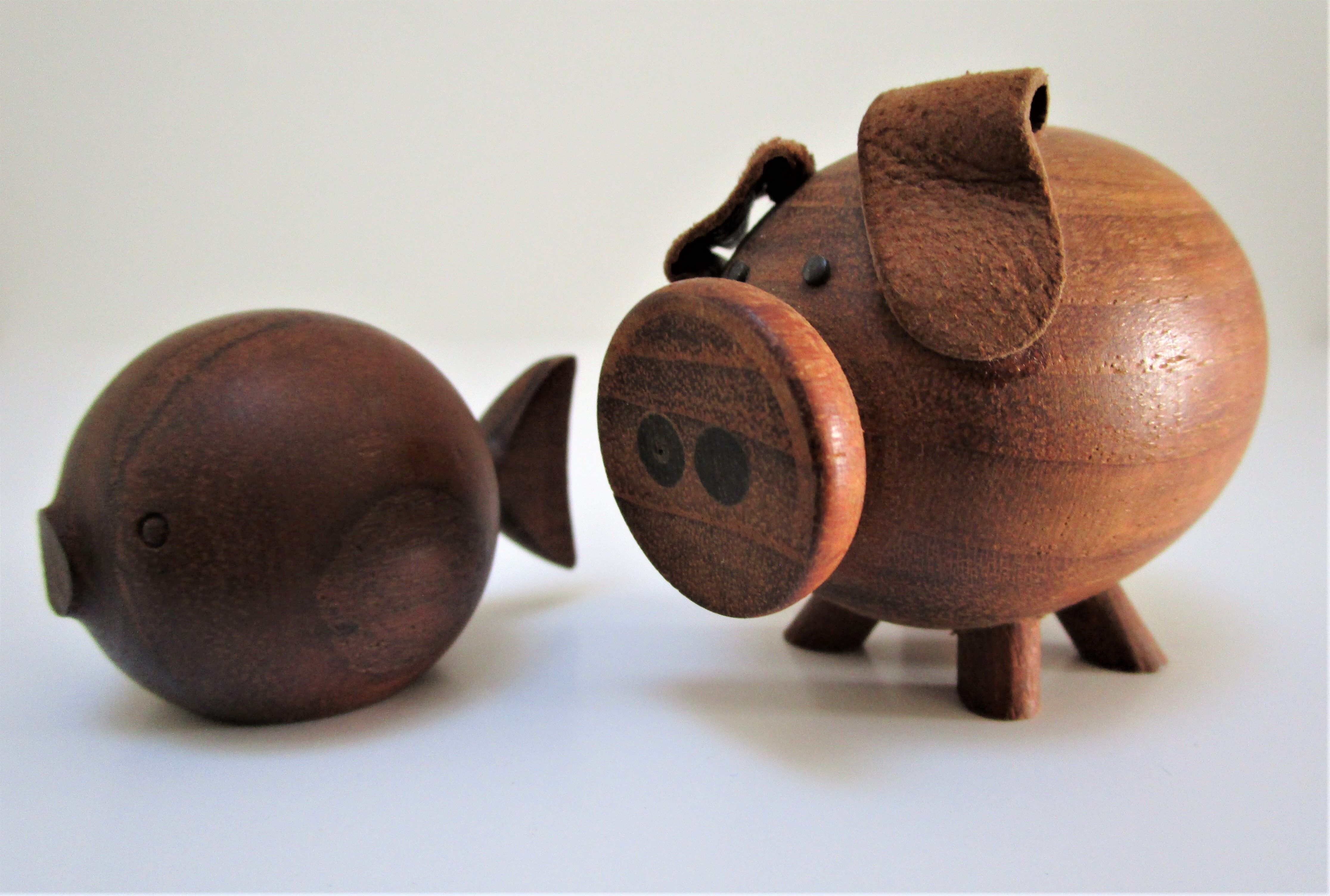 pig and fish wood teak vintage Scandinavian toy 60s