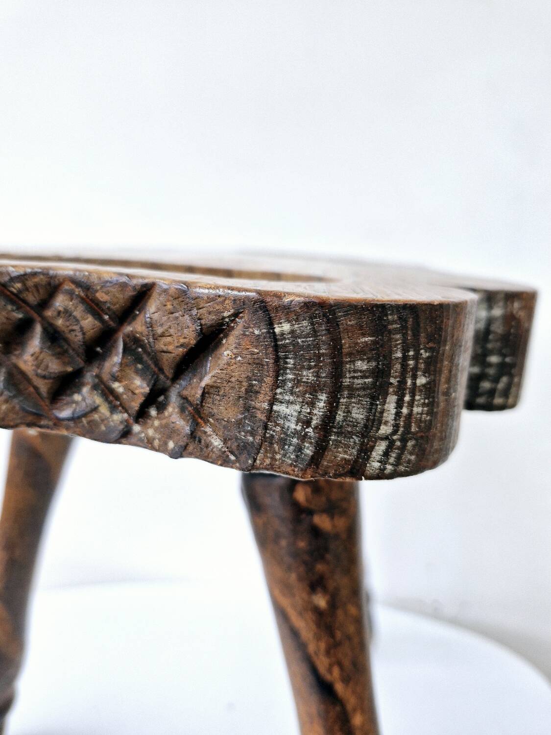 Rare Old Tripod Milking Stool Carved Solid Wood Popular Art