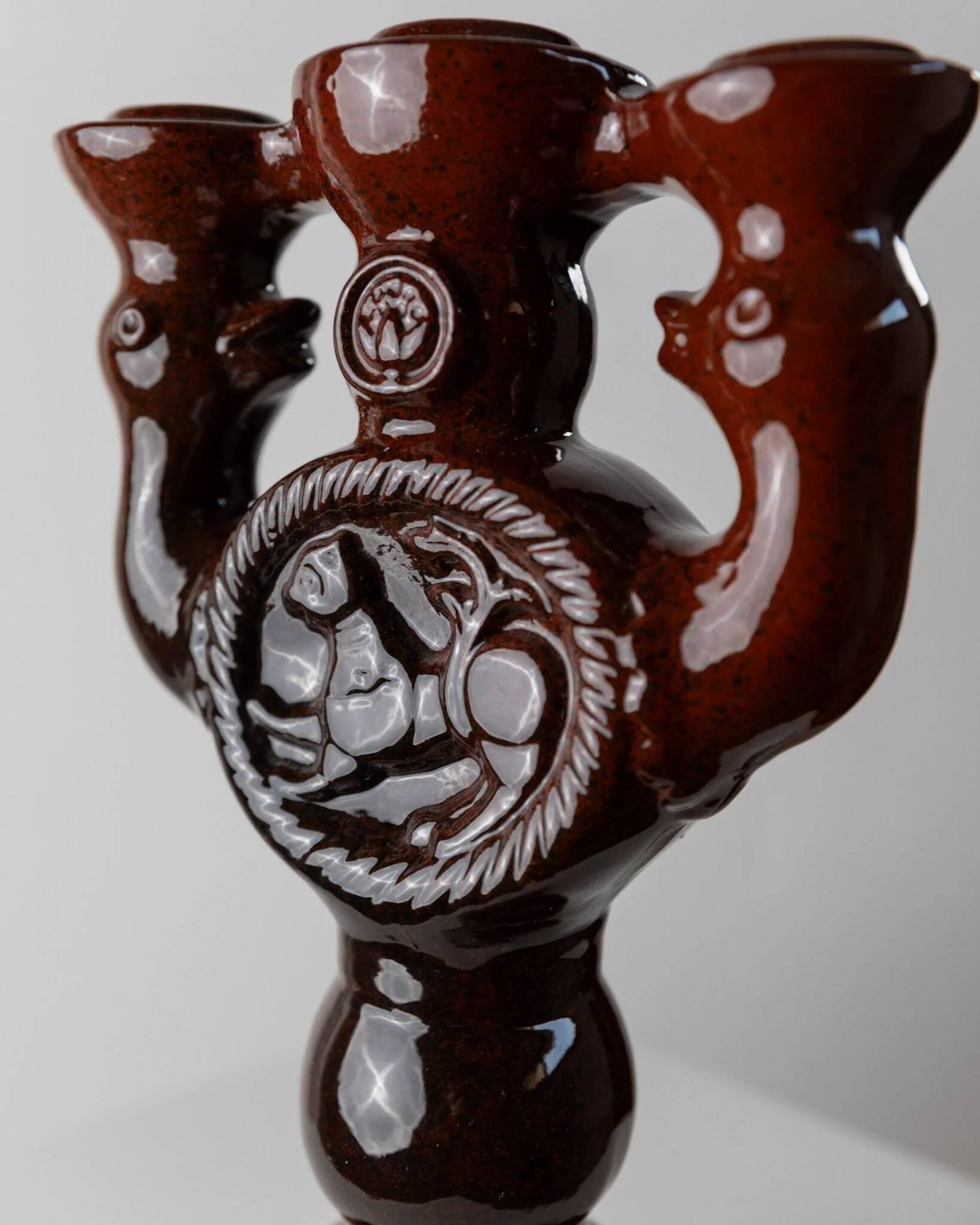 Large brown glazed ceramic candle holder for 3 candles - Brutalist mid-century Estonian design, 1960s