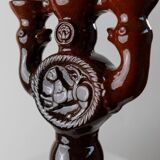 Large brown glazed ceramic candle holder for 3 candles - Brutalist mid-century Estonian design, 1960s