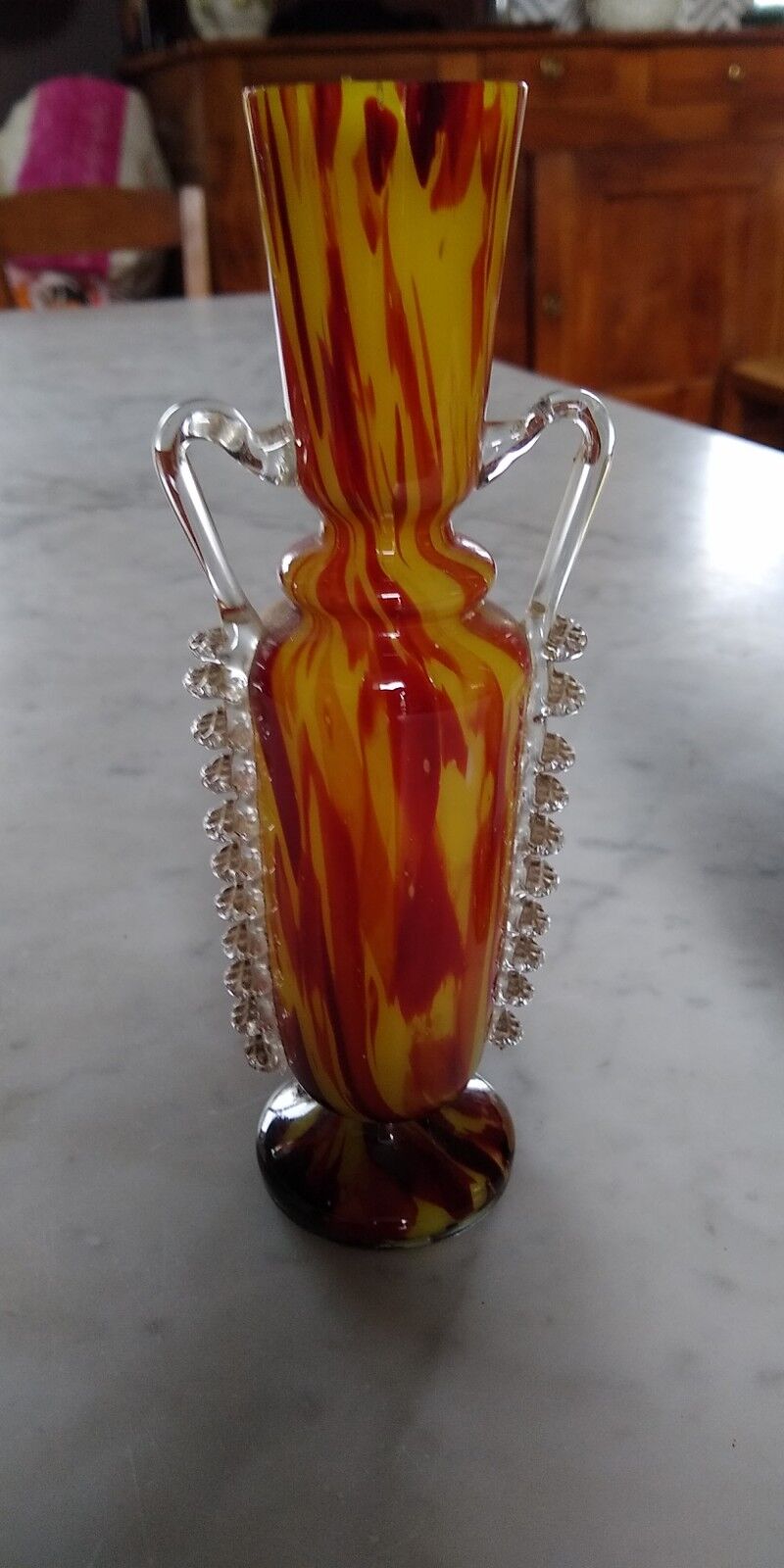 Pair of vases from the Clichy glassworks, orange-yellow marbled, in the shape of an amphora