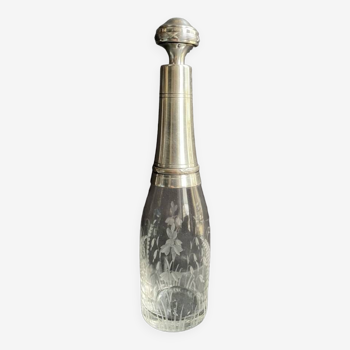 Liqueur carafe in engraved crystal & silver metal