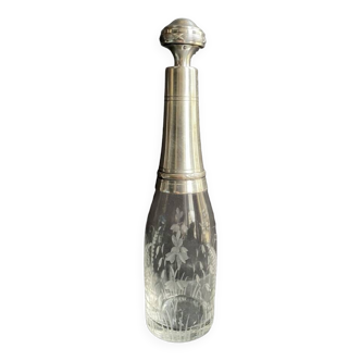 Carafe à liqueur en cristal gravé & métal argenté