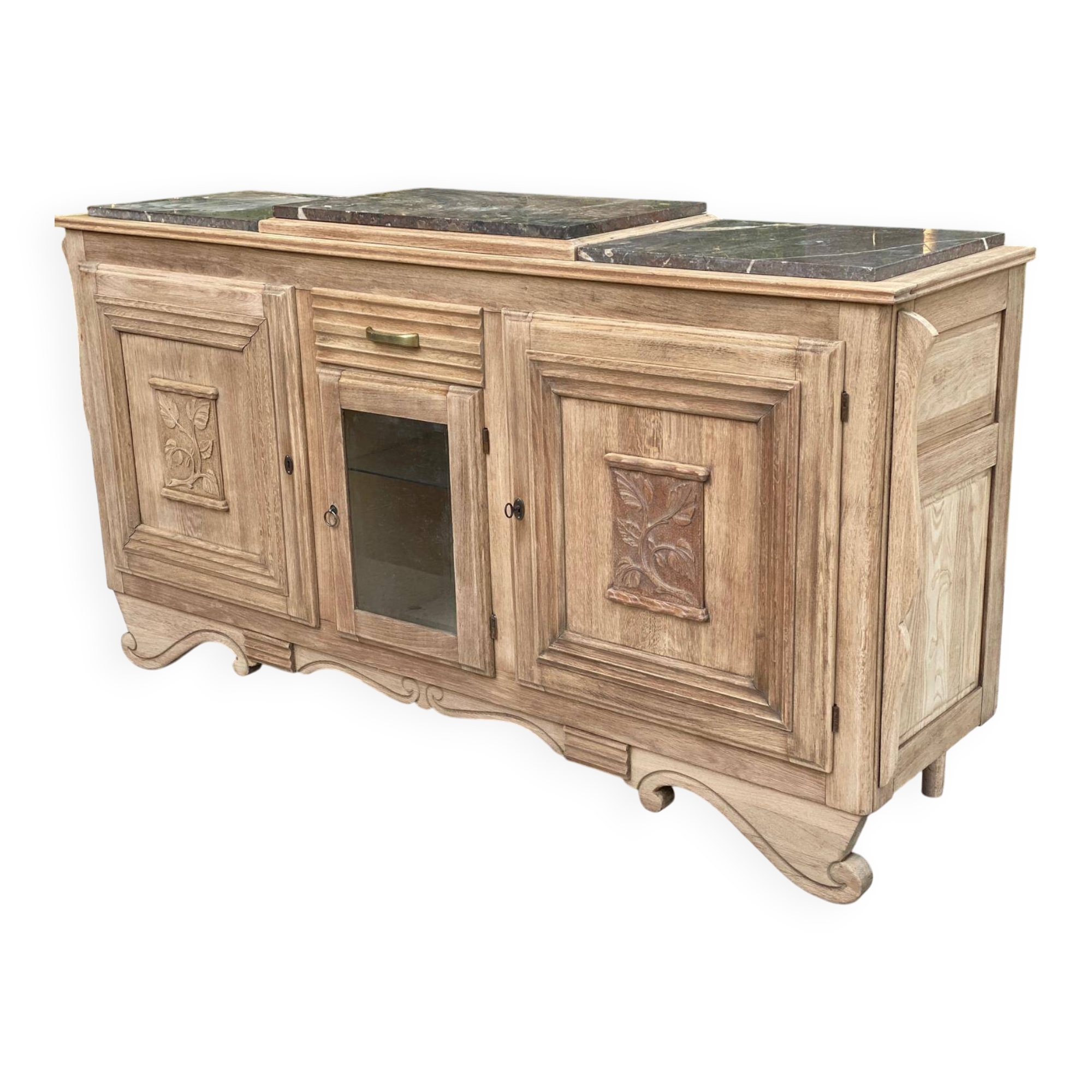 Renovated art deco sideboard in solid raw oak and gray marble 190cm