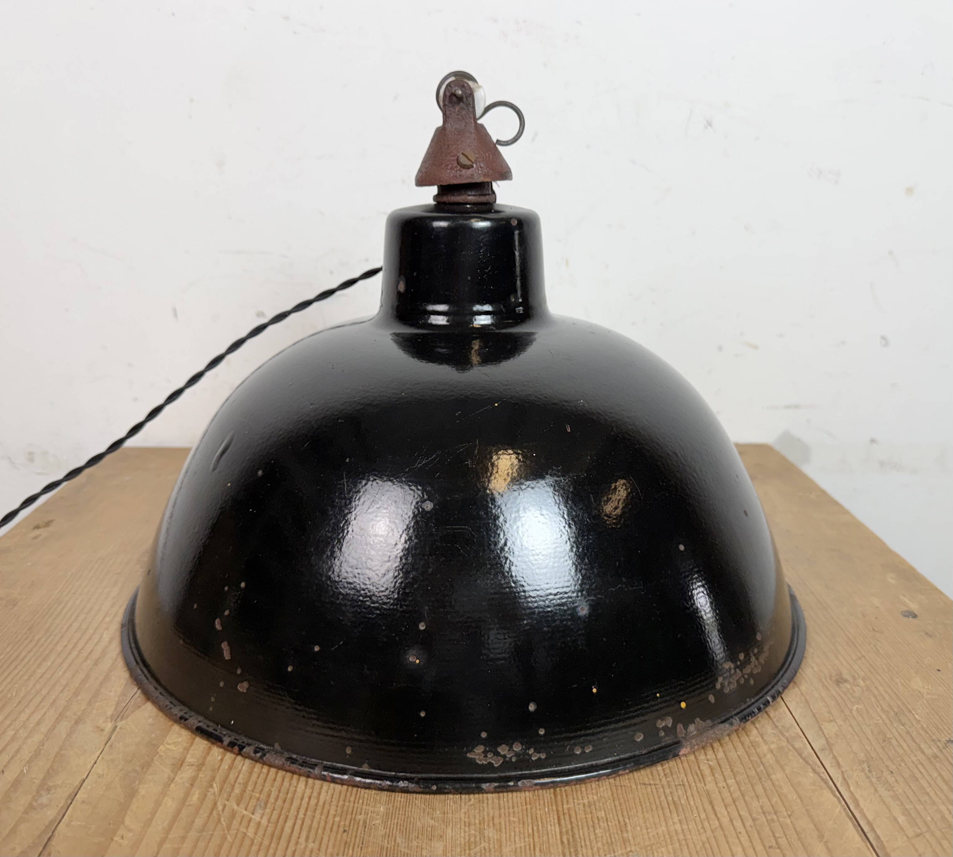 East German Black Enamel Factory Light by LBD Veb Leuchtenbau Dresden, 1950