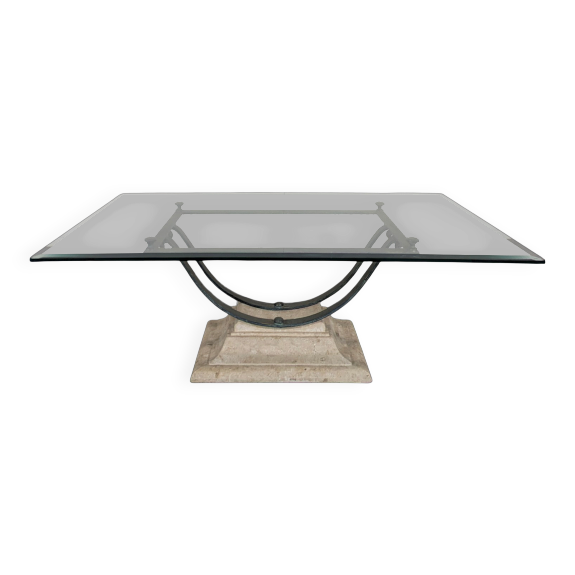 1980s coffee table with a travertine style and glass top.