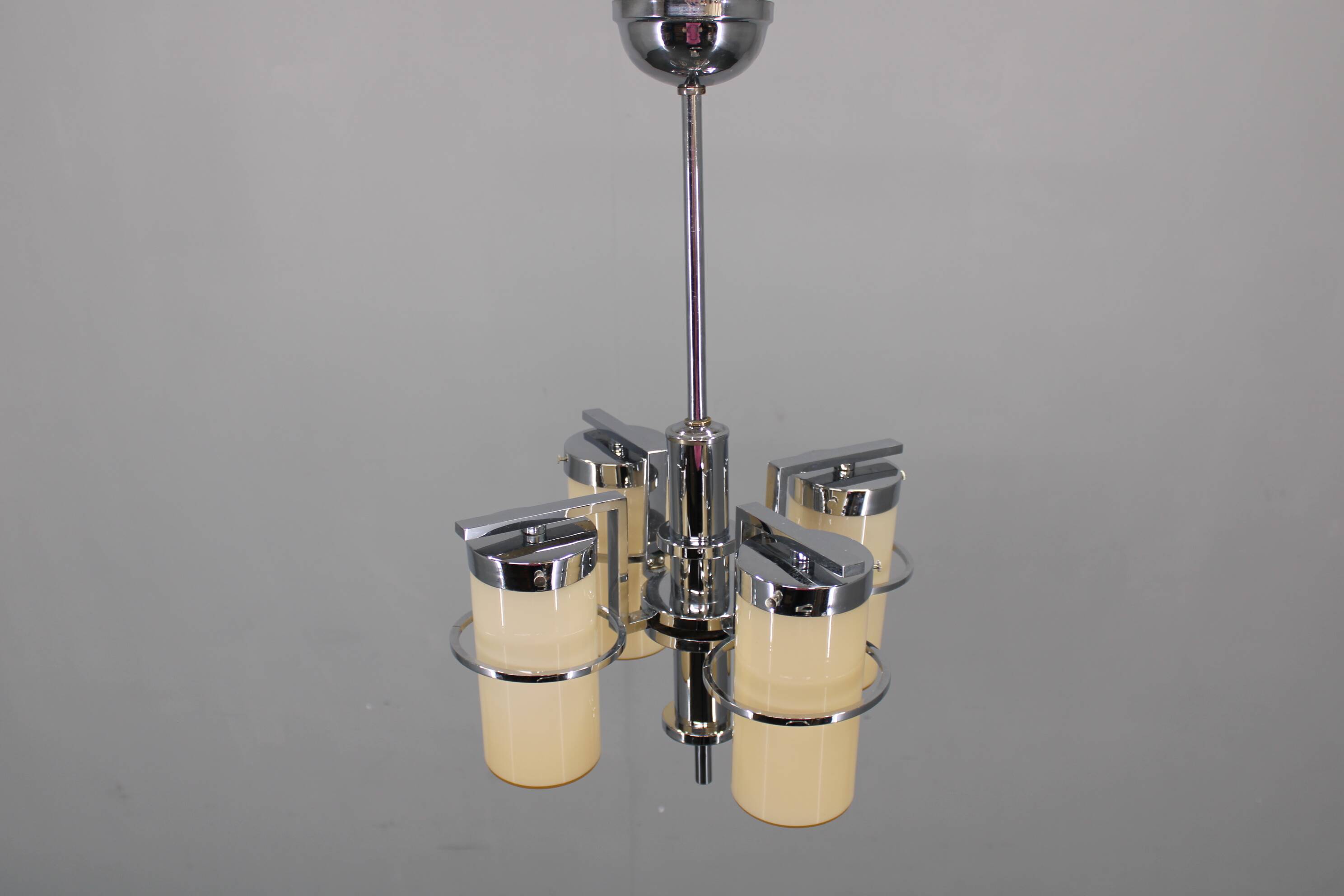 Restored Bauhaus/Art Deco chrome & glass chandelier, Czechoslovakia, 1930s