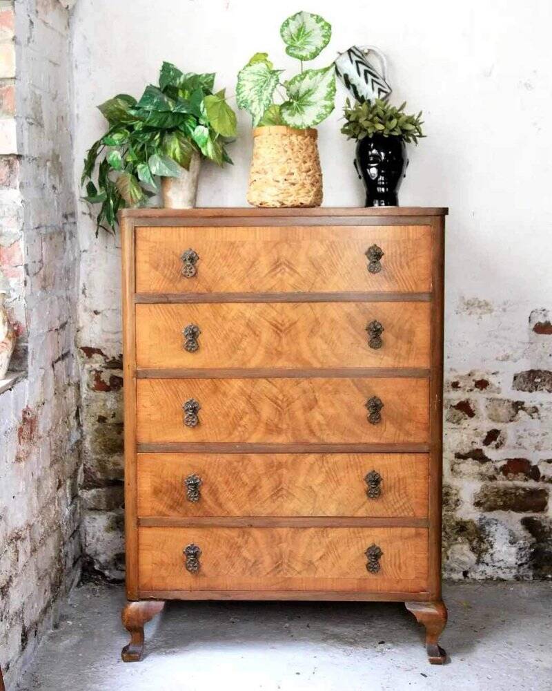 High walnut brown chest of drawers, antique tallboy with 5 drawers, honey finish.
