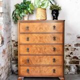 High walnut brown chest of drawers, antique tallboy with 5 drawers, honey finish.